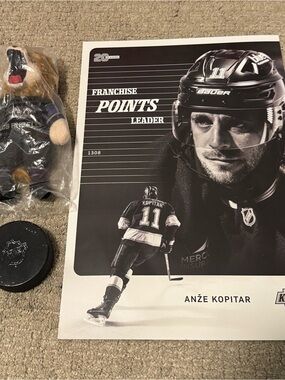 Anže Kopitar Franchise Points Leader Poster puck and Bailey plush